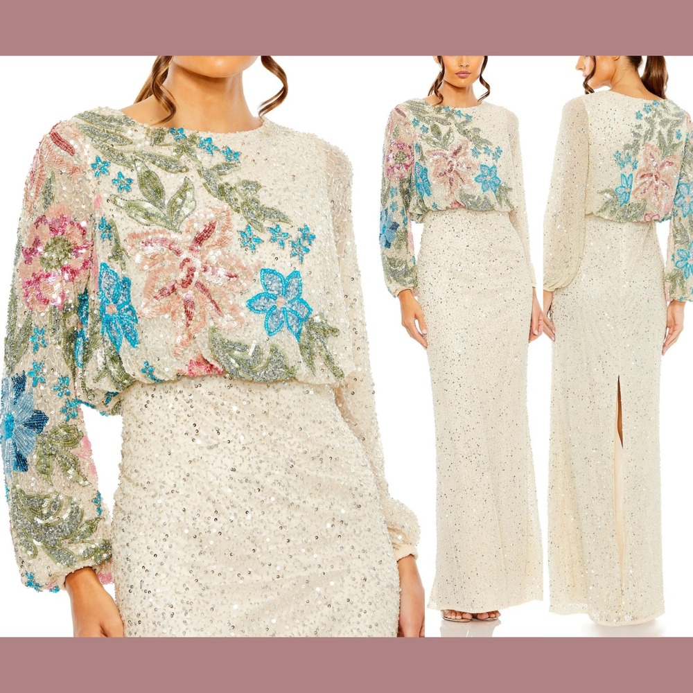 NWT $598 Mac Duggal [ 8 ] 5615 Embellished Multicolor Floral High Neck Gown Q811